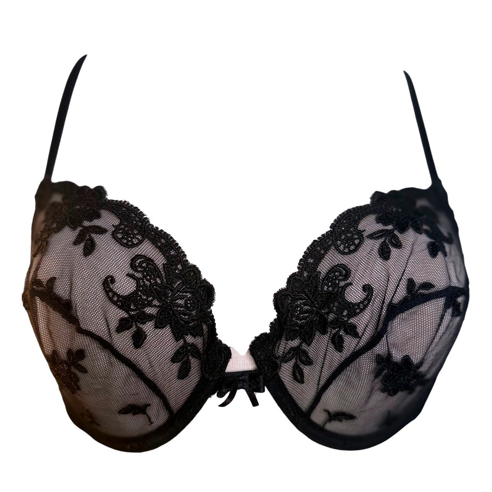 Ralph Lauren 36B Unlined Lace Bra Black Floral Embroidered Sheer‎ Mesh Underwire